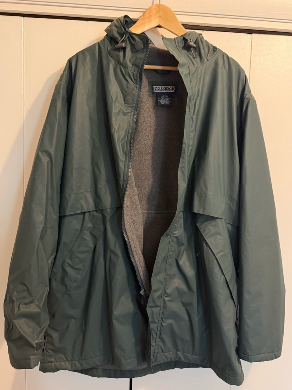 Lands' End Men's Green Hooded Rain Jacket with Fleece Lining